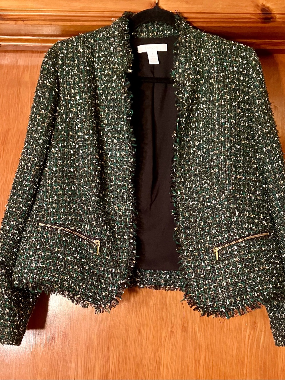 Chico's Dark Green Tweed Open-Front Blazer with Gold Zippers